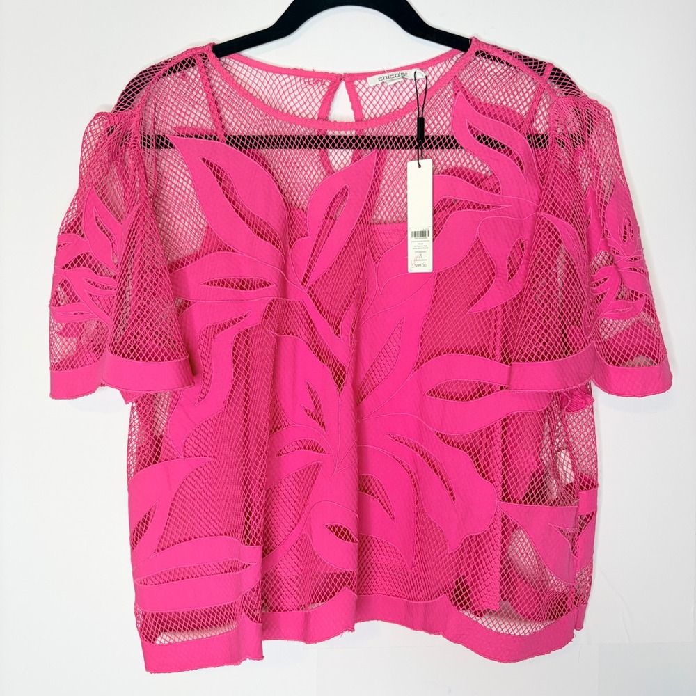 Chico's NWT Eyelet Scallop Hem Top Sz Large Pink Bromeliad Floral Mesh Applique